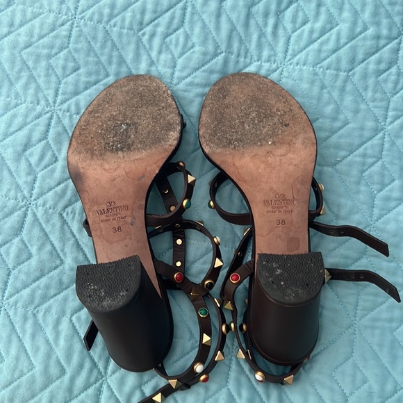 Valentino Rockstud brown sz8 multicolor stones 3.75”chunky heel sandals box&bag - Picture 5 of 6